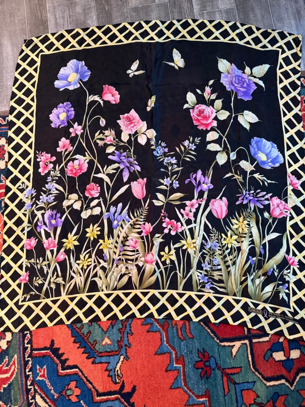Carlisle- Susan G. Komen Black Silk Floral Scarf with Yellow Lattice